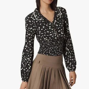 Maeve Smocked Floral Black Blouse with White Accents